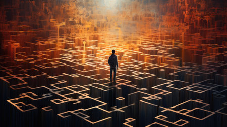 A person standing in front of a maze. Generative AI image.の素材