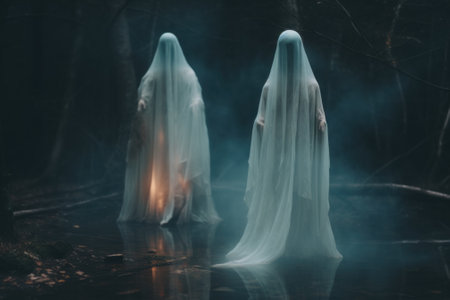Two ghostly people standing in the water. Generative AI image.の素材