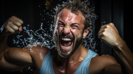 A man in a tank top is splashing water on his face. Generative AI image.の素材