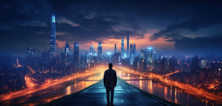 A man standing on a bridge looking at a city at night. Generative AI image.の素材