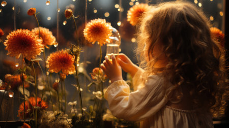 A little girl standing in front of a window looking at flowers. Generative AI image.の素材