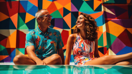 A man and a woman sitting next to each other. Generative AI image.の素材