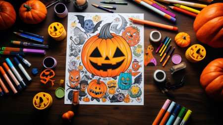 A drawing of a pumpkin surrounded by other halloween items. Generative AI image.の素材