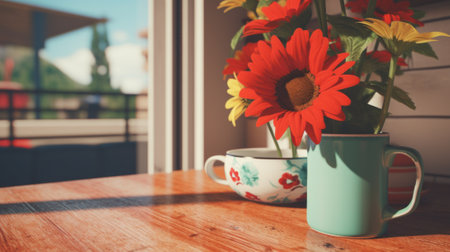 A vase of flowers sitting on top of a wooden table. Generative AI image.の素材