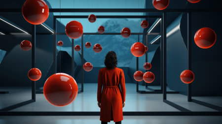 A woman in a red dress is looking at red balls. Generative AI image.の素材