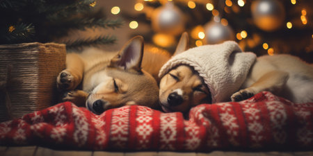 A couple of dogs laying next to each other. Generative AI image.の素材