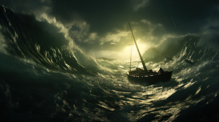 A boat in the middle of a large wave. Generative AI image.の素材
