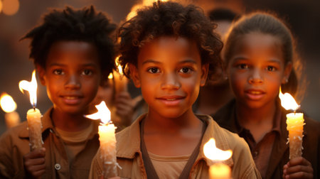 A group of young children holding lit candles. Generative AI image.の素材