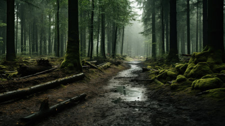 A dirt path in the middle of a forest. Generative AI image.の素材
