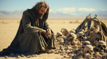 A man sitting on the ground in front of a pile of skulls. Generative AI image.の素材