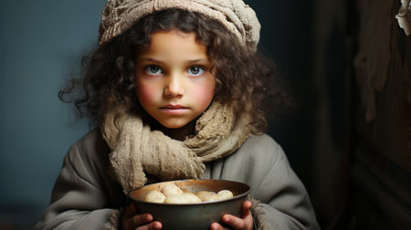 A little girl holding a bowl of food. Generative AI image.の素材