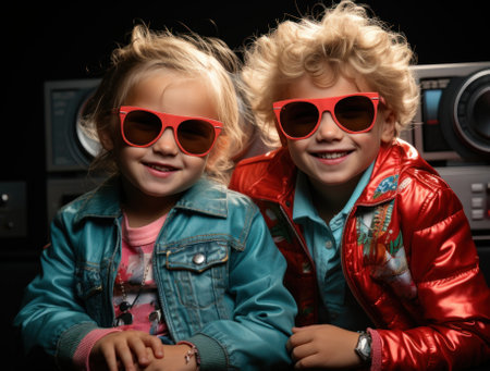 Two little girls wearing red sunglasses sitting next to each other. Generative AI image.の素材