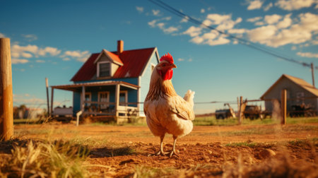 A chicken standing in the dirt in front of a house. Generative AI image.の素材