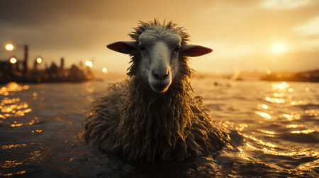 A sheep standing in the middle of a body of water. Generative AI image.の素材