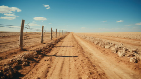 A dirt road in the middle of a field. Generative AI image.の素材