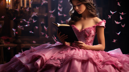 A woman in a pink dress is reading a book. Generative AI image.の素材