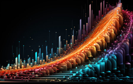 A very long line of colorful lights on a black background. Generative AI image.の素材