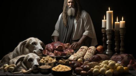 A man with a beard standing in front of a table full of food. Generative AI image.の素材
