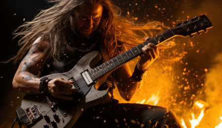 A man with long hair playing a guitar. Generative AI image.の素材