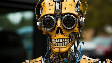 A close up of a robot with headphones on. Generative AI image.の素材