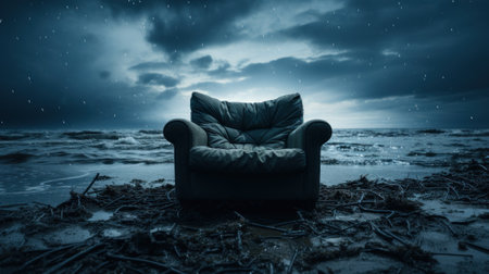 A chair sitting on top of a beach under a cloudy sky. Generative AI image.の素材