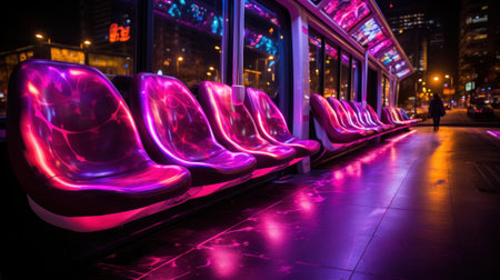 A row of purple seats sitting next to a window. Generative AI image.の素材