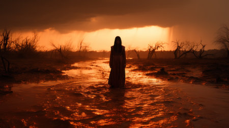 A person standing in the water at sunset. Generative AI image.の素材