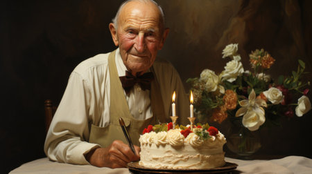 An old man sitting at a table with a cake. Generative AI image.の素材