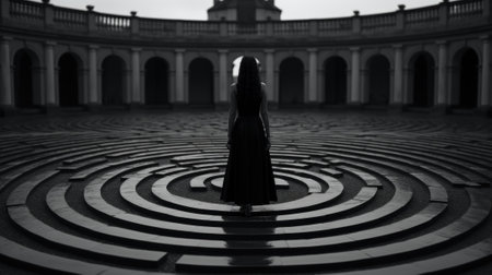 A woman in a long black dress standing in a circular maze. Generative AI image.の素材