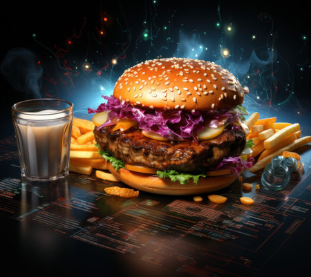 A hamburger and fries on a table with a glass of milk. Generative AI image.の素材