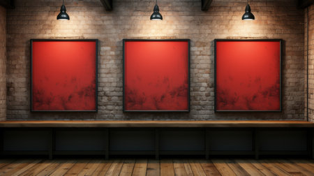 A room with three framed pictures on the wall. Generative AI image.の素材