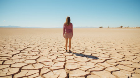 A woman standing in the middle of a desert. Generative AI image.の素材
