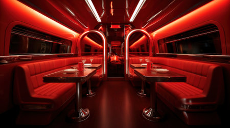 A red train car with booths and tables. Generative AI image.の素材