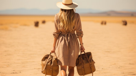 A woman in a hat and dress carrying two bags. Generative AI image.の素材