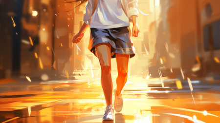 A woman walking down a city street in the rain. Generative AI image.の素材