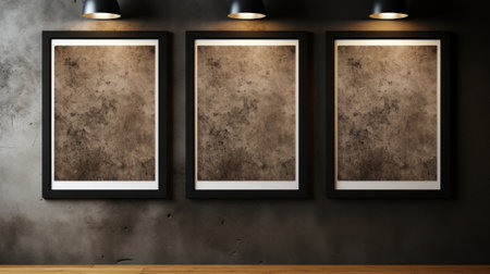 Three empty picture frames hanging on a wall. Generative AI image.の素材