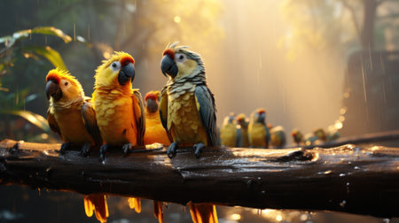 A group of parrots sitting on a branch in the rain. Generative AI image.の素材