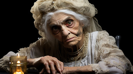 An old woman sitting at a table with a candle. Generative AI image.の素材