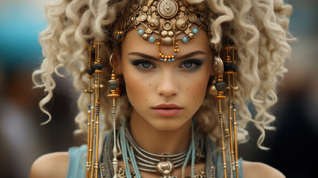 A woman with blonde hair wearing a headdress. Generative AI image.の素材