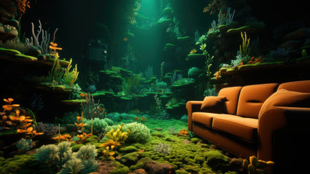 A couch sitting on top of a lush green field. Generative AI image.の素材