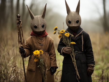 A couple of people wearing bunny heads holding flowers. Generative AI image.の素材