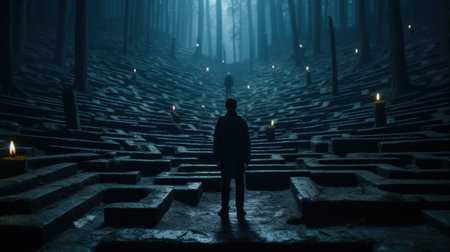A man standing in a maze in a dark forest. Generative AI image.の素材