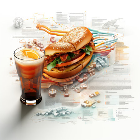 A sandwich and a glass of soda on a table. Generative AI image.の素材