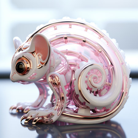 A pink and white mouse figurine sitting on a table. Generative AI image.の素材