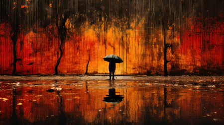 A person standing in the rain with an umbrella. Generative AI image.の素材