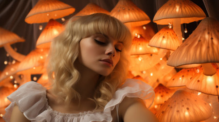 A woman is standing in front of a wall of mushrooms. Generative AI image.の素材