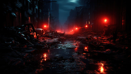 A city street at night with red lights. Generative AI image.の素材