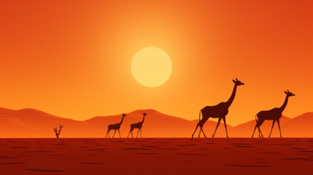 A group of giraffes walking across a desert. Generative AI image.の素材