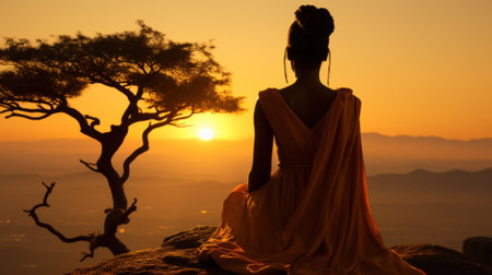 A woman sitting on top of a rock next to a tree. Generative AI image.の素材