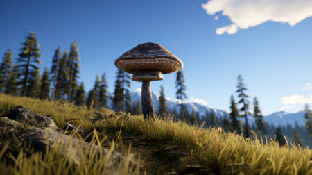 A mushroom sitting on top of a lush green hillside. Generative AI image.の素材